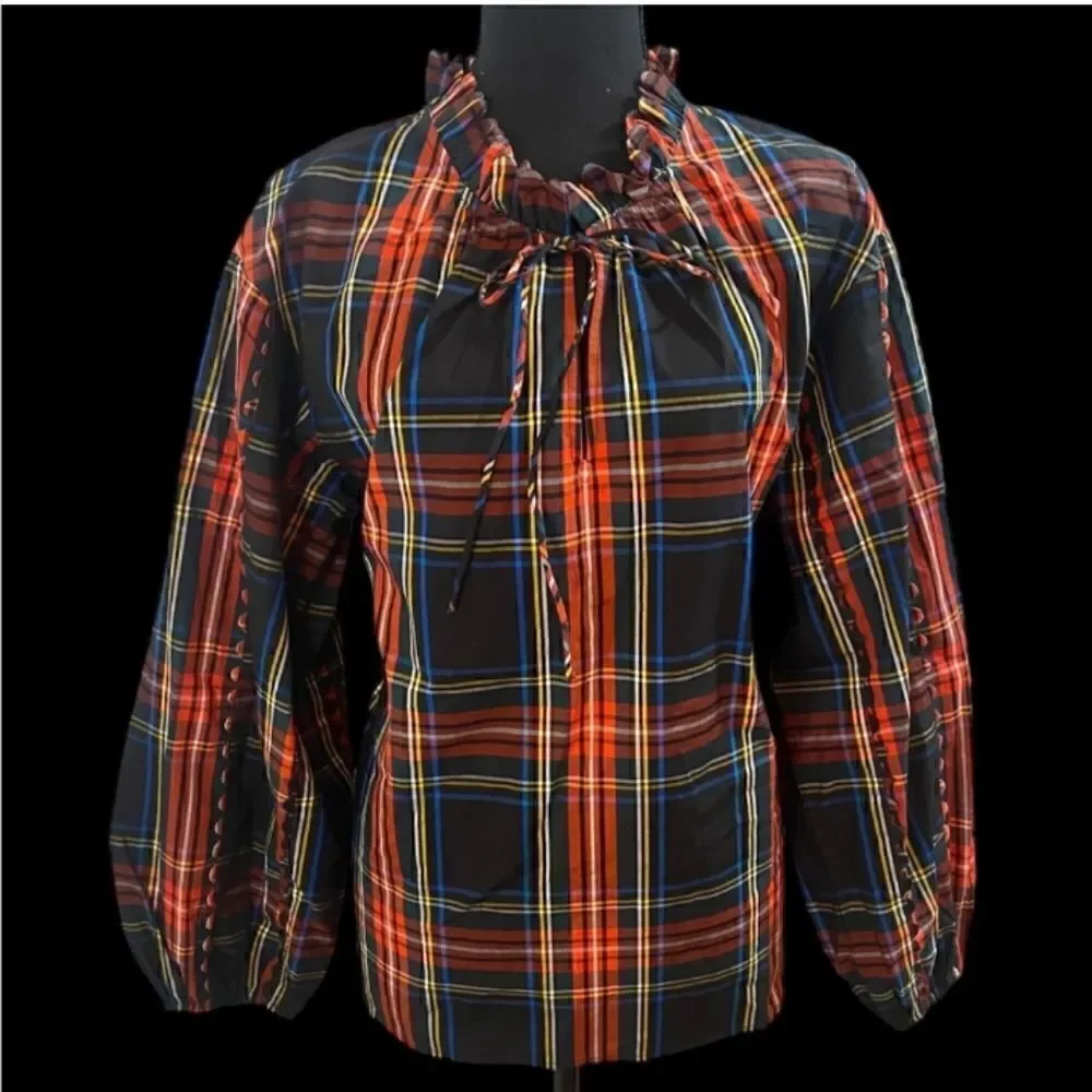 J CREW Tartan Plaid Cotton Ruffleneck Blouse Sz XSMALL NWT